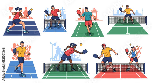 Set of dynamic vector illustrations featuring men and women engaged in a game of pickleball on various courts