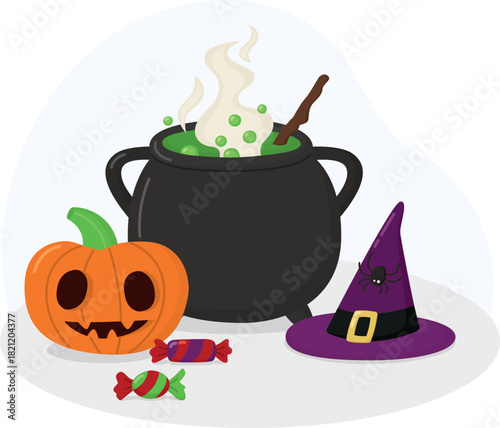 Halloween composition with carved pumpkin, cauldron of bubbling potion, witch’s hat, spider and candies. Mysterious atmosphere still life  