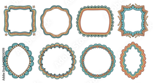 A beautiful set of eight colorful ornamental frames featuring intricate hand-drawn patterns. Vintage-inspired border collection for creative design projects