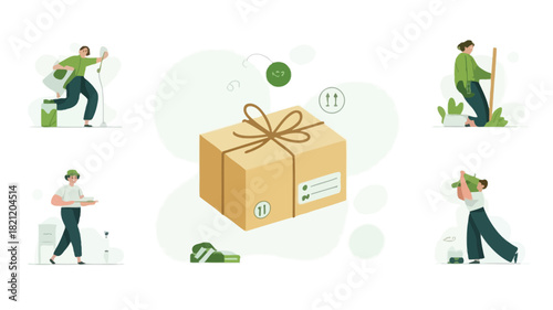 Minimalist illustration of a shipping container being transported by a truck on a road symbolizing logistics and delivery services