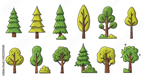 Variety of Stylized Tree Illustrations for Nature-Themed Projects, Vector Graphics Collection