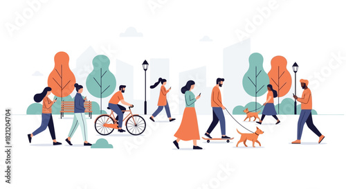 Diverse Group of People Enjoying Activities in a Green Urban Park, Vector Illustration