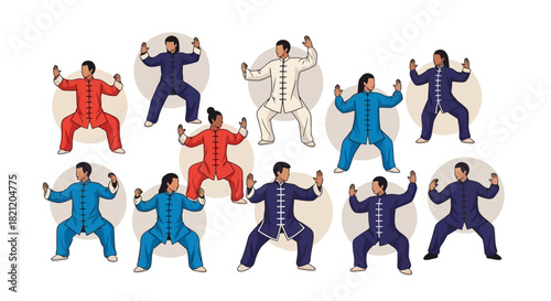 A collection of diverse illustrated characters in colorful traditional uniforms practicing synchronized Tai Chi martial arts movements for wellness and meditation