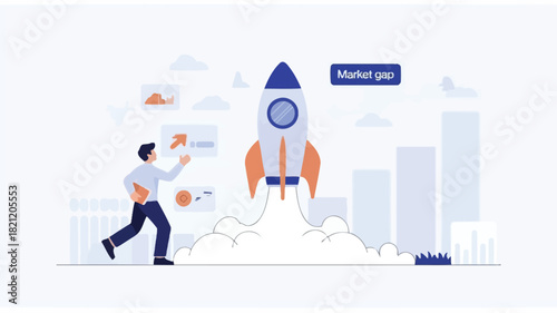 Dynamic illustration of a stylized rocket launching upwards symbolizing a new product or idea taking flight with vibrant energy and a sense of innovation