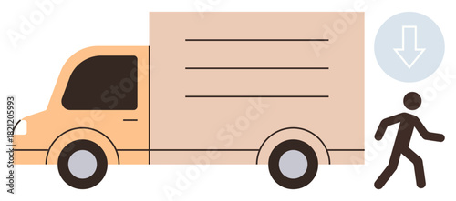 Delivery truck next to a walking figure and downward arrow symbolizing logistics, delivery, movement, transportation, unloading, service efficiency, and urban transit in a simple flat metaphor