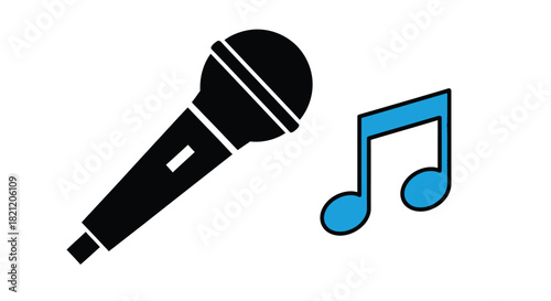 Black microphone with blue musical notes creates a simple visual representation of singing