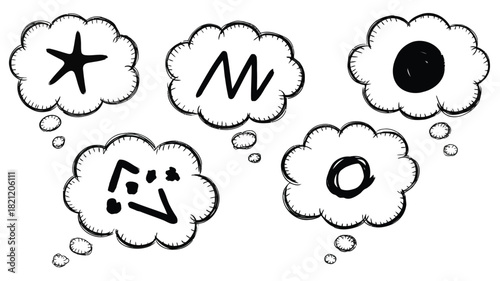 Collection of three diverse thought bubble speech bubble shapes in various vibrant colors and black and white