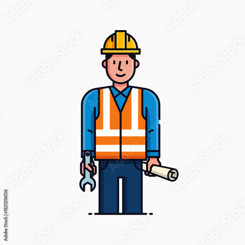 Construction Worker Holding Tools and Blueprint Ready for Building Project and Urban Development Task