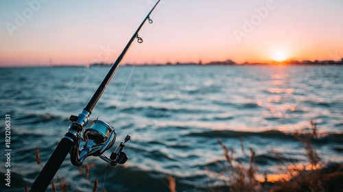 Fishing rod positioned near water during a vibrant sunset over a distant shoreline.