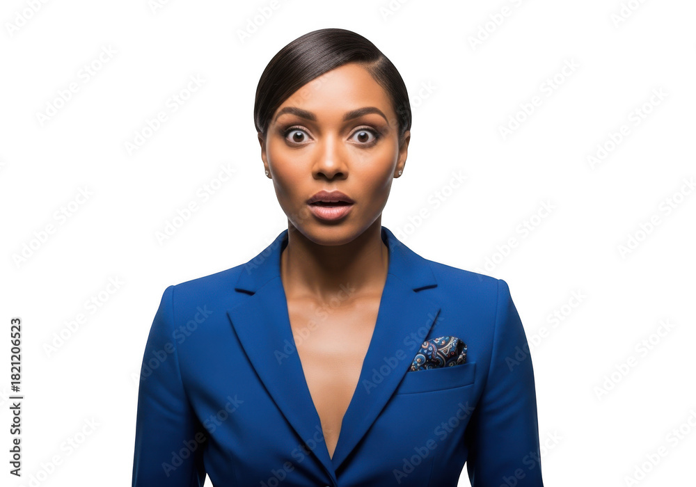 Fototapeta premium Shocked businesswoman portrait, surprised expression, blue blazer, professional woman, reaction, female, isolated on transparent background