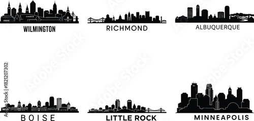 Silhouetted city skylines of six american cities