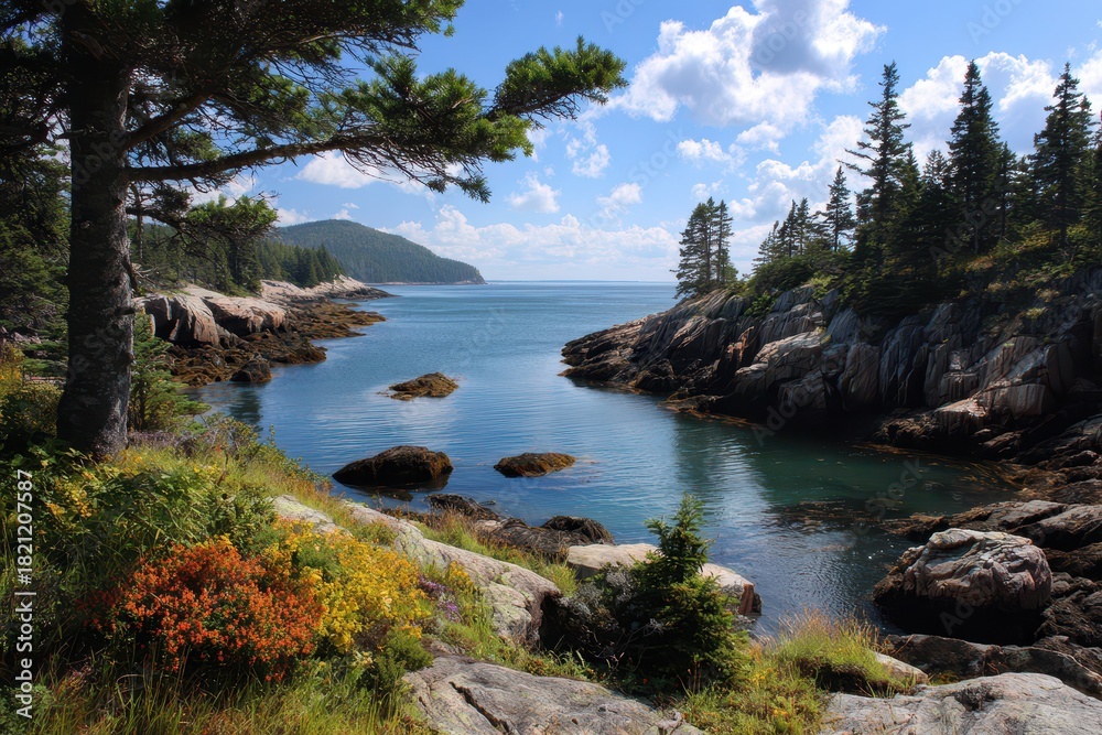Fototapeta premium Serene Views of Duck Harbor, Isle Au Haut in Acadia National Park, Maine: A Hiker's Paradise Amidst Majestic Mountains and Tranquil Bays