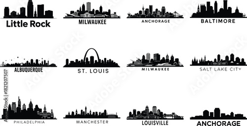 Collection of silhouette city skylines labeled with city names