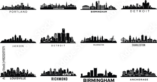 Collection of city skylines silhouettes