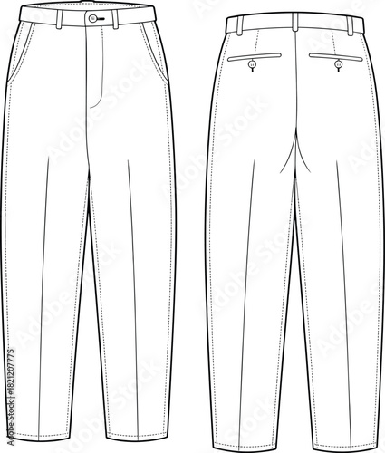 Men's trousers technical flat sketch, formal chino pants vector, front and back view, tailored apparel design template, cad drawing flat vector illustration.