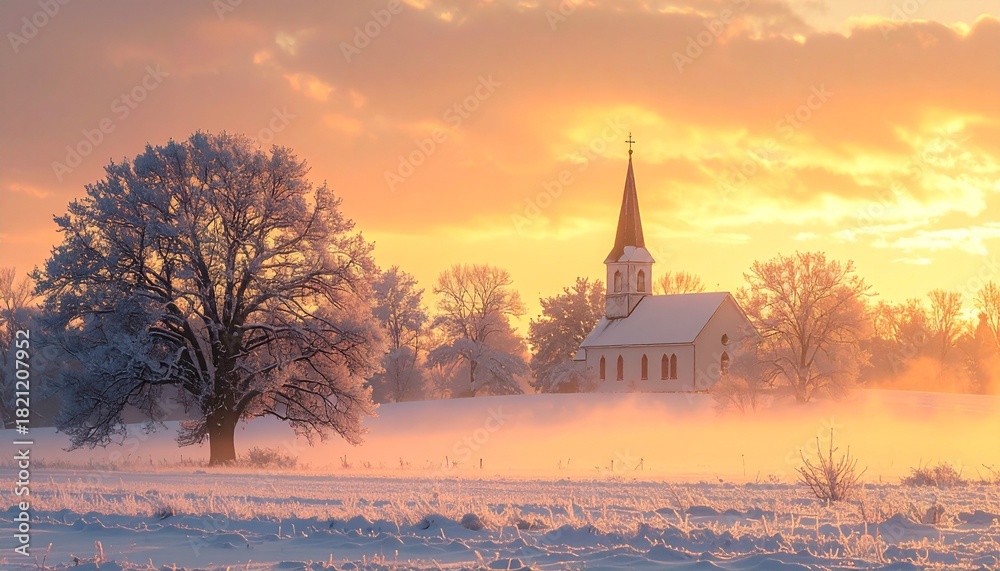 Obraz premium Snowy church landscape at sunset with trees