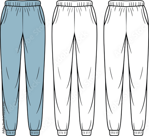 Sweatpants technical flat sketch set, elastic waist joggers vector, ribbed cuff pants, fashion apparel design template, cad drawing flat vector illustration.