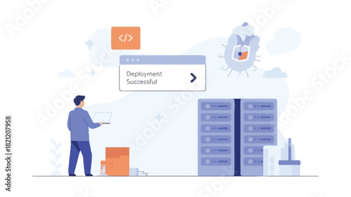 A stylized graphic depicting a figure observing a successful project deployment symbolizing achievement and progress with vibrant colors and clean lines