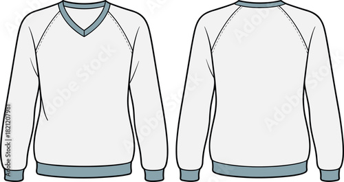 Unisex V-neck sweatshirt technical flat sketch, long raglan sleeve pullover vector, front and back view, apparel design template, cad drawing flat vector illustration.