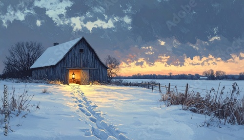 Snowy landscape with a barn at sunset