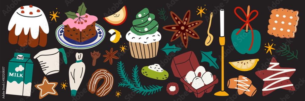 Obraz premium Traditional Christmas food, baking, gingerbread, pie, cake, cookies, spices, branches. Festive dishes. Winter holiday stickers set in cartoon retro style. Flat vector illustration isolated