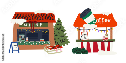 Vintage Christmas market compositions in cartoon doodle style. Winter holiday stalls with cozy decorations, snow, wine, coffee, Christmas trees. Vector illustrations