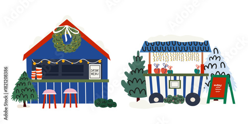 Vintage Christmas market compositions in cartoon doodle style. Winter holiday stalls with cozy decorations, snow, wine, coffee, Christmas trees. Vector illustrations