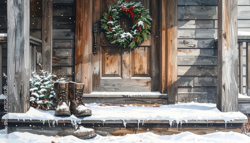 Snowy porch with boots and holiday wreath