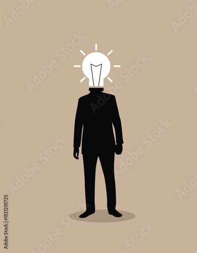 Silhouette of Business Man with Lightbulb Instead of Head. White collar workers and everyday office activities vector art, bright idea generation