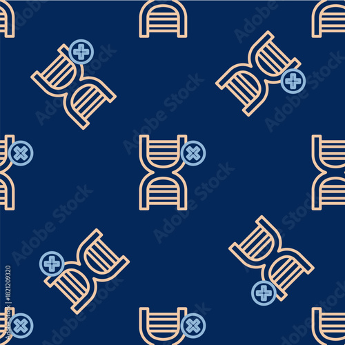 Line No GMO icon isolated seamless pattern on blue background. Genetically modified organism acronym. Dna food modification. Vector