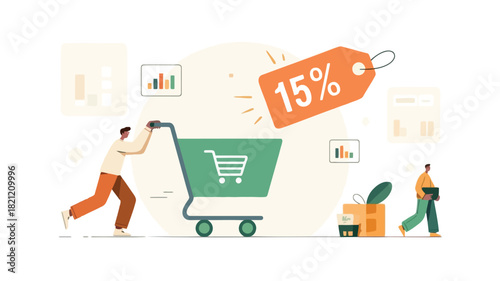 Clean illustration of a shopping cart filled with various grocery items presented in a modern flat design style with vibrant colors