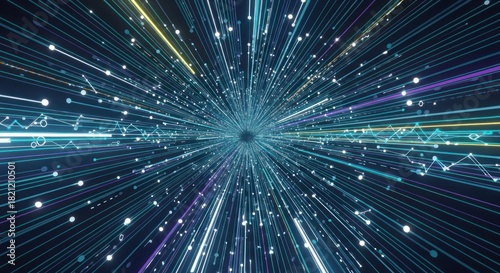 Fototapeta Naklejka Na Ścianę i Meble -  Abstract digital tunnel of light streaks and data points moving fast.