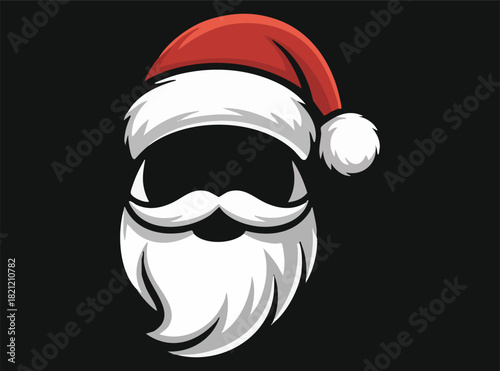 Santa Claus hat vector on black background. Santa Claus head silhouette with white beard and mustaches in origami style