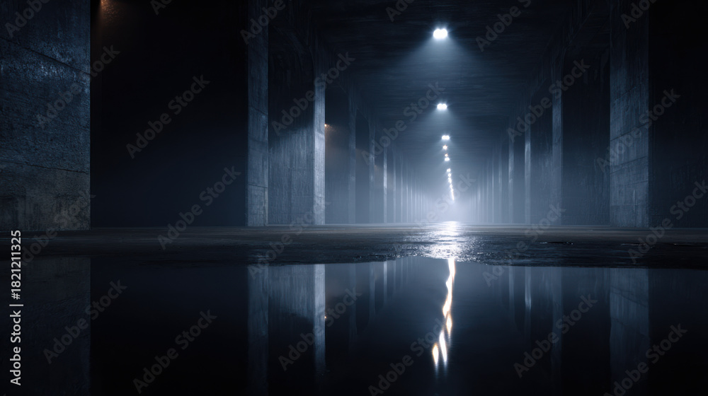 Naklejka premium Dark concrete tunnel with reflective water on floor