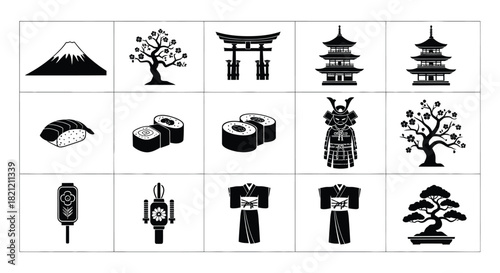 Japan icons vector set: mount fuji, torii gate, pagoda, sushi, samurai armor, kimono, sakura tree, bonsai. isolated on white background, Vector, illustration