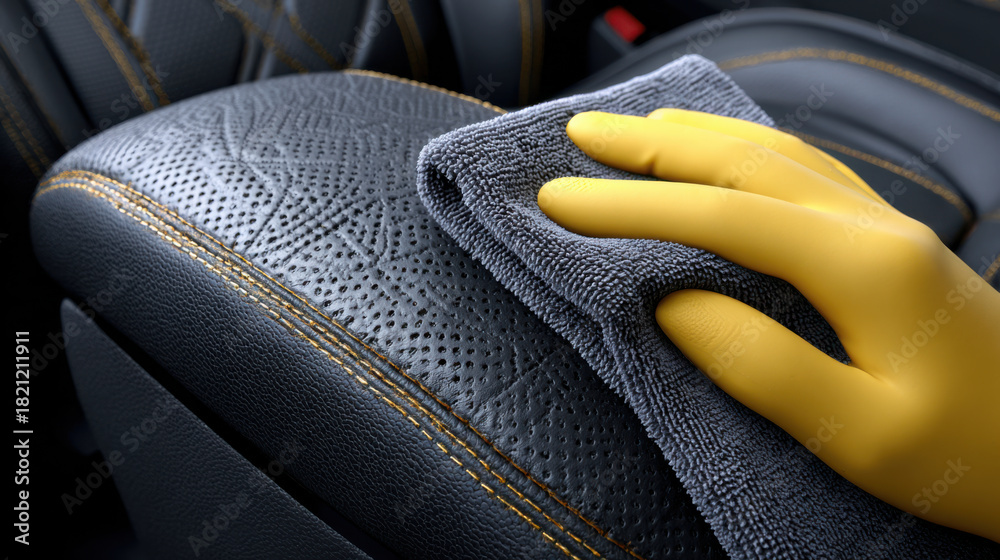 Obraz premium Hand cleaning car leather seat interior detailing