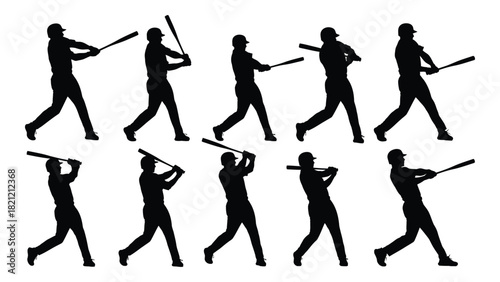 Baseball player batting silhouettes isolated on white background, Vector
