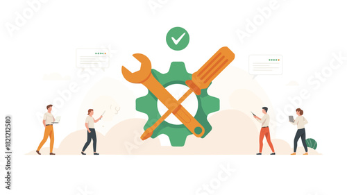 A minimalist vector illustration featuring a single wrench and a screw presented in a clean modern style with a focus on essential shapes and forms