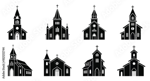 Black silhouette set of eight diverse christian church buildings with cross on steeple tower isolated on white background. isolated on white background, Vector, illustration