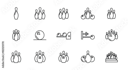 Bowling sport game icon vector set collection including pins ball and lane equipment outline symbols. perfect for web design. isolated on white background, Vector, illustration