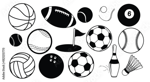 Black and white vector set of sports equipment icons: basketball, football, soccer, baseball, tennis, bowling, and golf items. isolated on white background, Vector, illustration
