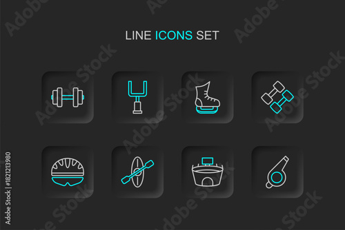 Set line Whistle, Stadium, Kayak and paddle, Bicycle helmet, Dumbbell, Skates, American football goal post and icon. Vector