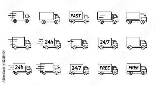 Set of line icon illustrations representing various delivery truck services