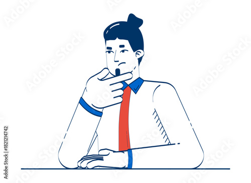 Male employee pondering with rubbing chin 2D doodle character. Decision making. Caucasian office worker thinking cartoon person vector drawing isolated on white. Hand drawn illustration colorful
