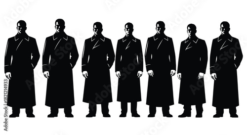 Seven identical mysterious men in long trench coats standing in a row, graphic black and white silhouette illustration style on white background isolated on white background, Vector, illustration