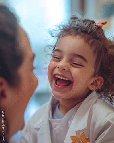 Smiling child patient is shown laughing with caregiver in bright pediatric setting for supportive childhood cancer awareness theme. Healthcare concept