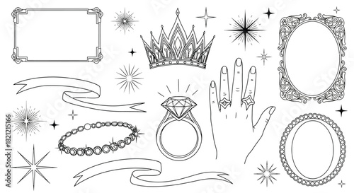 Luxury vector outline set: crown, diamond ring, hand, bracelet, ornate frames, ribbons, and star sparkle elements. isolated on white background, Vector, illustration