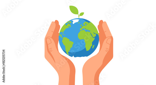 Hands holding planet Earth with a green sprout.