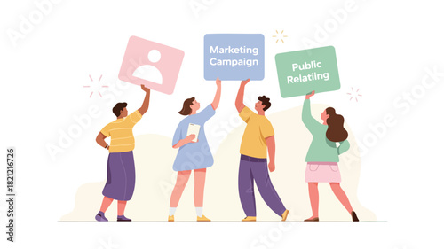 Abstract illustration of four stylized figures one holding a pink object with a vibrant color palette and modern design elements suitable for backgrounds and graphic projects