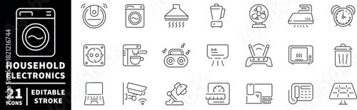 Household electronics icons set. linear, editable line icons for home appliances